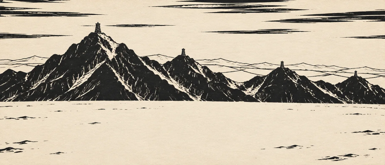 Cetak linoleum hitam di atas kertas tulang: punggung gunung Skelder Reach saat senja, cairn gelap di beberapa puncak, padang salju kosong di kaki gunung.
