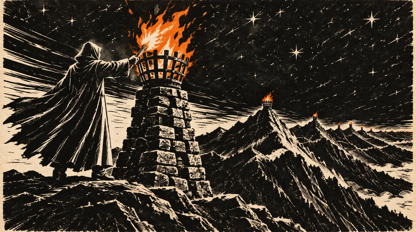Firekeeper menyalakan cairn, api menjawab di puncak-puncak jauh.